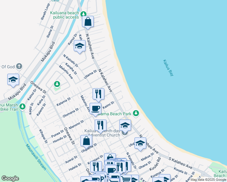 map of restaurants, bars, coffee shops, grocery stores, and more near 444 North Kalaheo Avenue in Kailua
