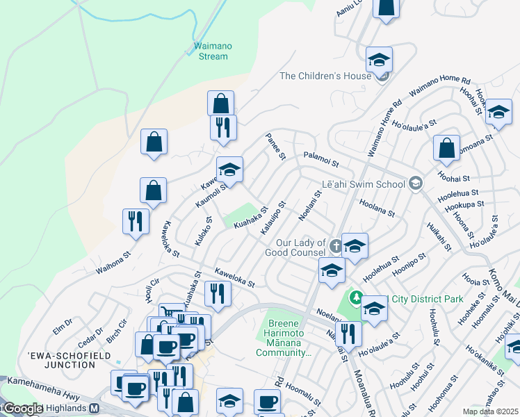 map of restaurants, bars, coffee shops, grocery stores, and more near 1578 Kuahaka Street in Pearl City