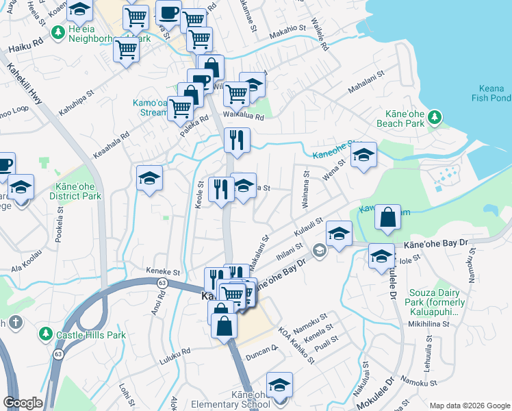 map of restaurants, bars, coffee shops, grocery stores, and more near 45-681 Pua Alowalo Street in Kaneohe