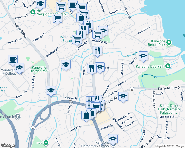 map of restaurants, bars, coffee shops, grocery stores, and more near 45-554 Kiani Street in Kaneohe