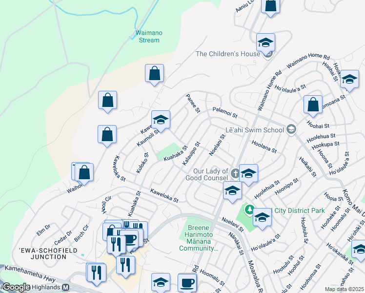 map of restaurants, bars, coffee shops, grocery stores, and more near 1578 Kuahaka Street in Pearl City