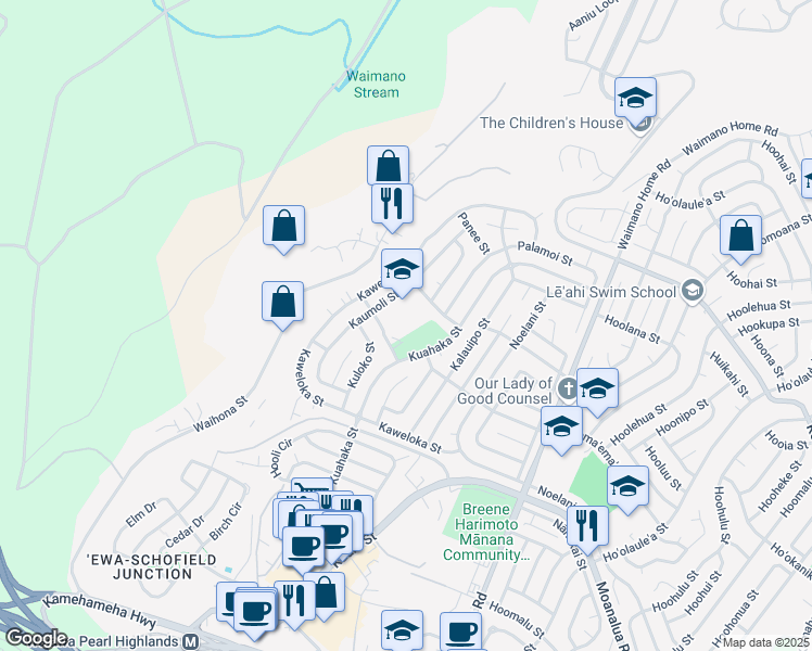map of restaurants, bars, coffee shops, grocery stores, and more near 1147 Kumano Street in Pearl City