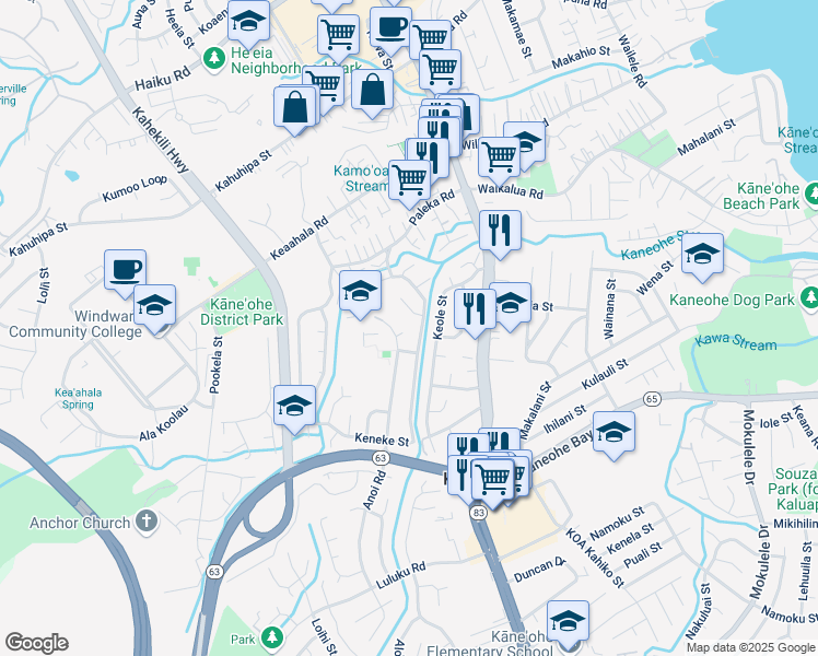 map of restaurants, bars, coffee shops, grocery stores, and more near 45-817 Anoi Place in Kaneohe