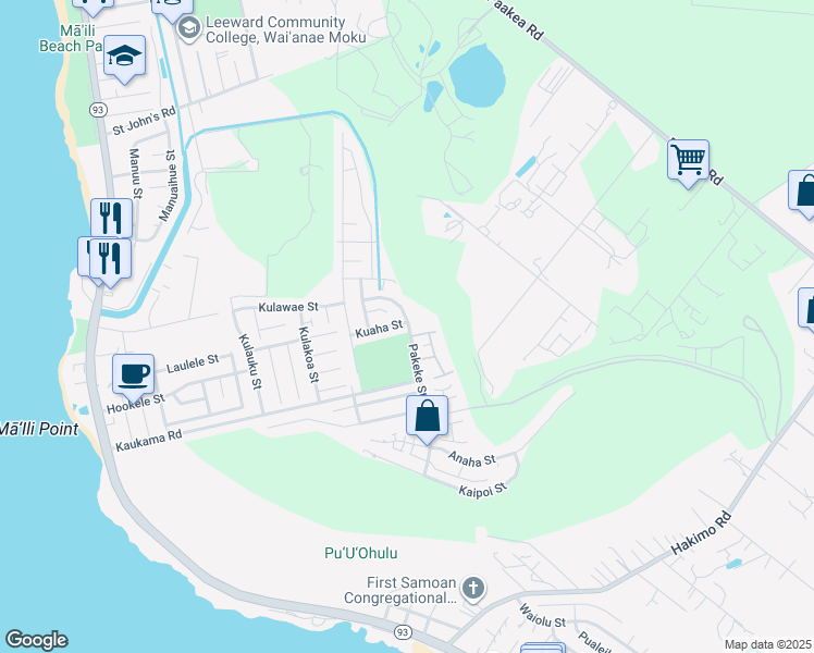 map of restaurants, bars, coffee shops, grocery stores, and more near 87-1555 Kuaha Street in Waianae