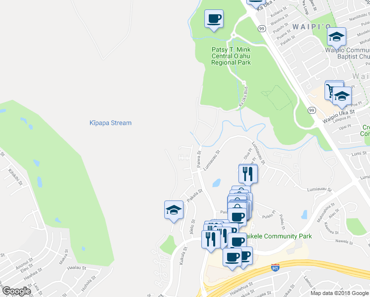 map of restaurants, bars, coffee shops, grocery stores, and more near 94-212 Huewai Place in Waipahu