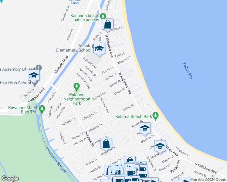 map of restaurants, bars, coffee shops, grocery stores, and more near 507 North Kainalu Drive in Kailua