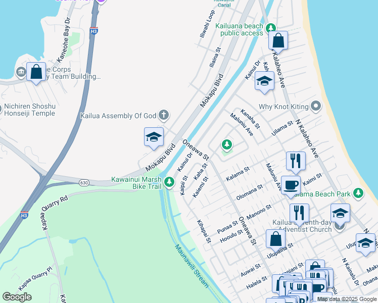 map of restaurants, bars, coffee shops, grocery stores, and more near 941 Kaipii Street in Kailua