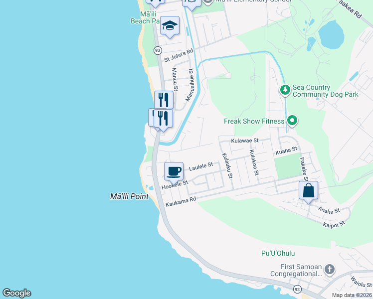 map of restaurants, bars, coffee shops, grocery stores, and more near 87-175 Maipalaoa Road in Waianae