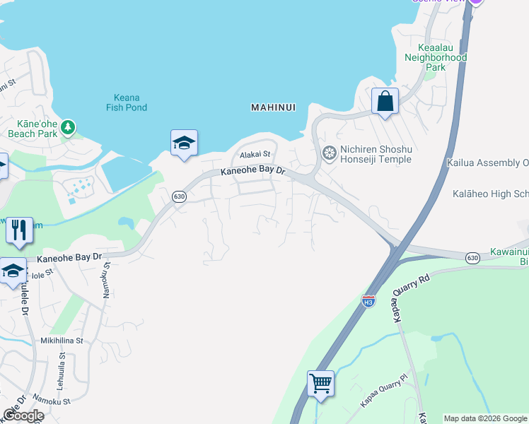 map of restaurants, bars, coffee shops, grocery stores, and more near 44-104 Mikiola Drive in Kaneohe