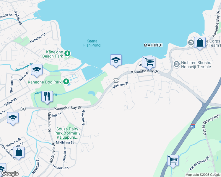map of restaurants, bars, coffee shops, grocery stores, and more near 45-59 Malulani Street in Kaneohe