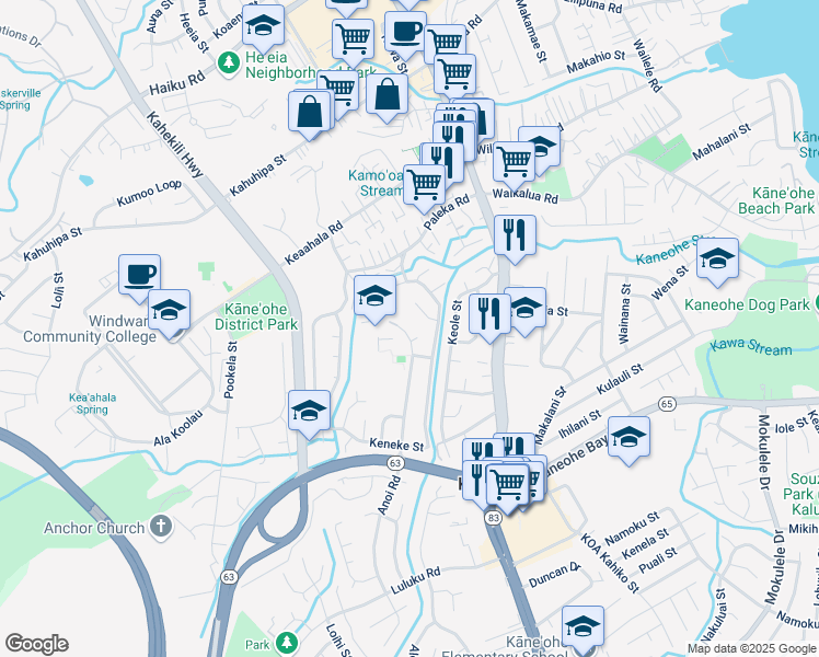 map of restaurants, bars, coffee shops, grocery stores, and more near 45-817 Anoi Road in Kaneohe