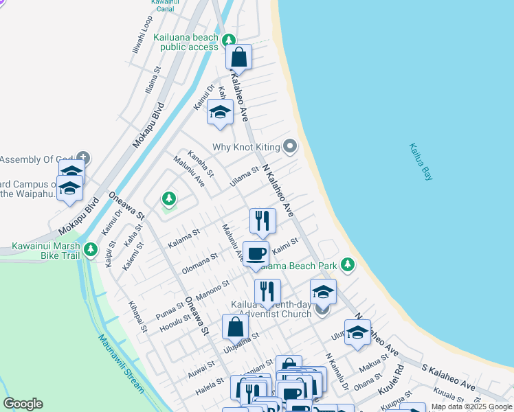 map of restaurants, bars, coffee shops, grocery stores, and more near 507 North Kainalu Drive in Kailua