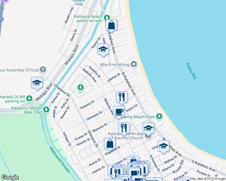 map of restaurants, bars, coffee shops, grocery stores, and more near 507 North Kainalu Drive in Kailua