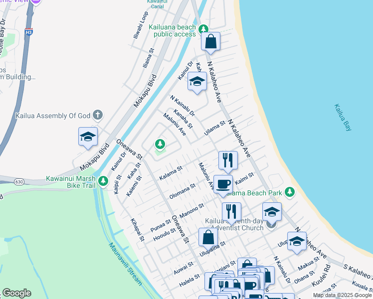 map of restaurants, bars, coffee shops, grocery stores, and more near 338 Kalama Street in Kailua