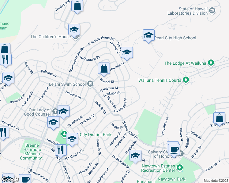 map of restaurants, bars, coffee shops, grocery stores, and more near 1832 Hookoe Street in Pearl City