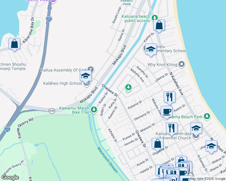 map of restaurants, bars, coffee shops, grocery stores, and more near 941 Kaipii Street in Kailua