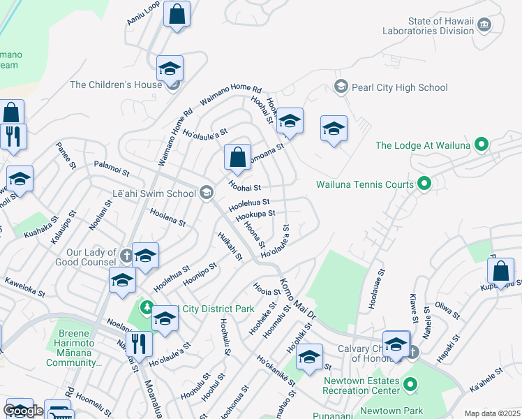map of restaurants, bars, coffee shops, grocery stores, and more near 1832 Hookoe Street in Pearl City