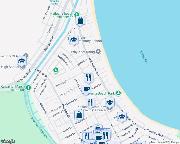 map of restaurants, bars, coffee shops, grocery stores, and more near 136 Omao Street in Kailua