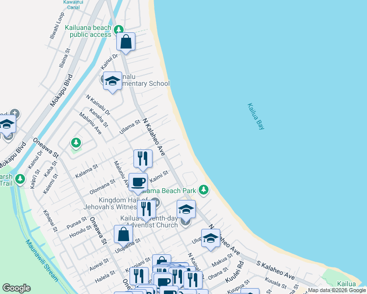 map of restaurants, bars, coffee shops, grocery stores, and more near 420E North Kalaheo Avenue in Kailua