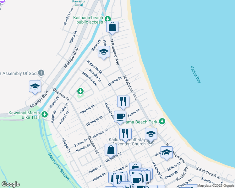 map of restaurants, bars, coffee shops, grocery stores, and more near 507 North Kainalu Drive in Kailua