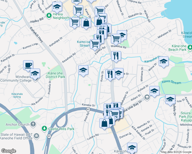 map of restaurants, bars, coffee shops, grocery stores, and more near 45-569 Keole Street in Kaneohe