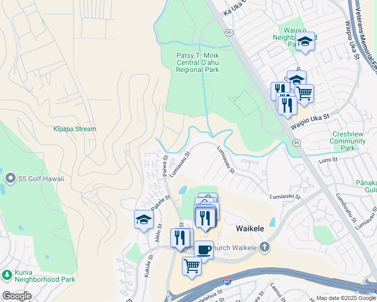 map of restaurants, bars, coffee shops, grocery stores, and more near 94-573 Lumiauau Street in Waipahu