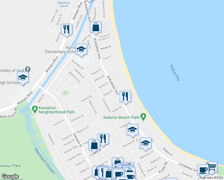 map of restaurants, bars, coffee shops, grocery stores, and more near 115 Ainoni Street in Kailua
