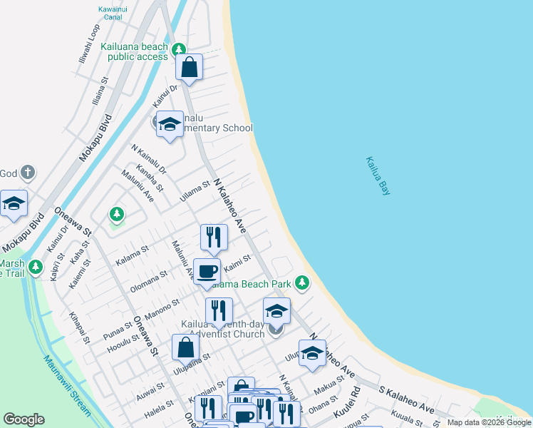 map of restaurants, bars, coffee shops, grocery stores, and more near 20 Pilipu Place in Kailua