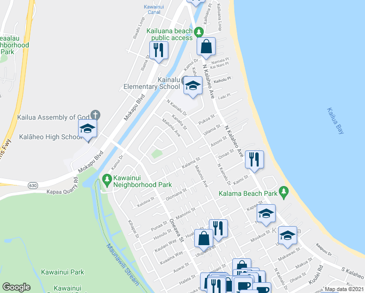 map of restaurants, bars, coffee shops, grocery stores, and more near 349 Kaimake Loop in Kailua