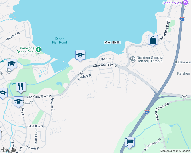 map of restaurants, bars, coffee shops, grocery stores, and more near 44-738 Malulani Street in Kaneohe