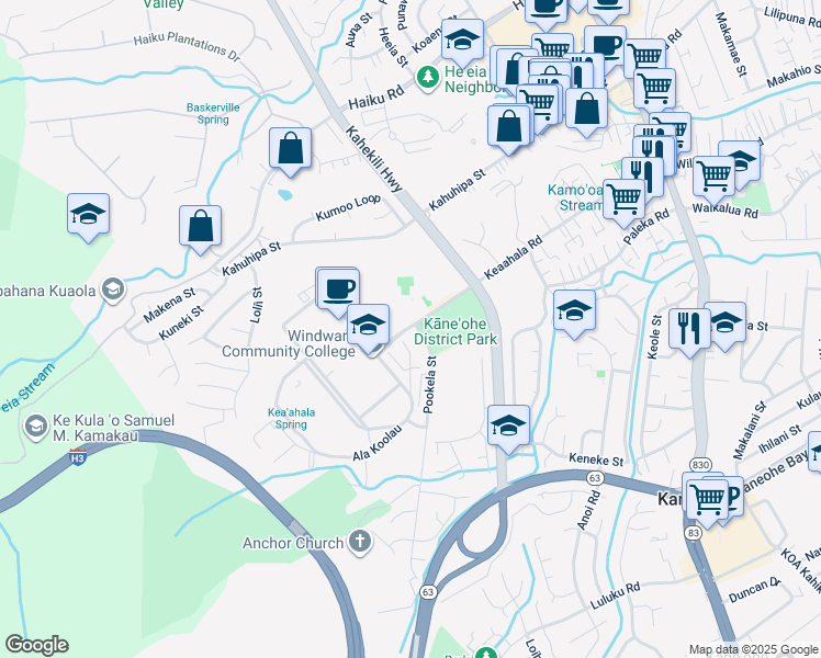 map of restaurants, bars, coffee shops, grocery stores, and more near 45-660 Keaahala Road in Kaneohe