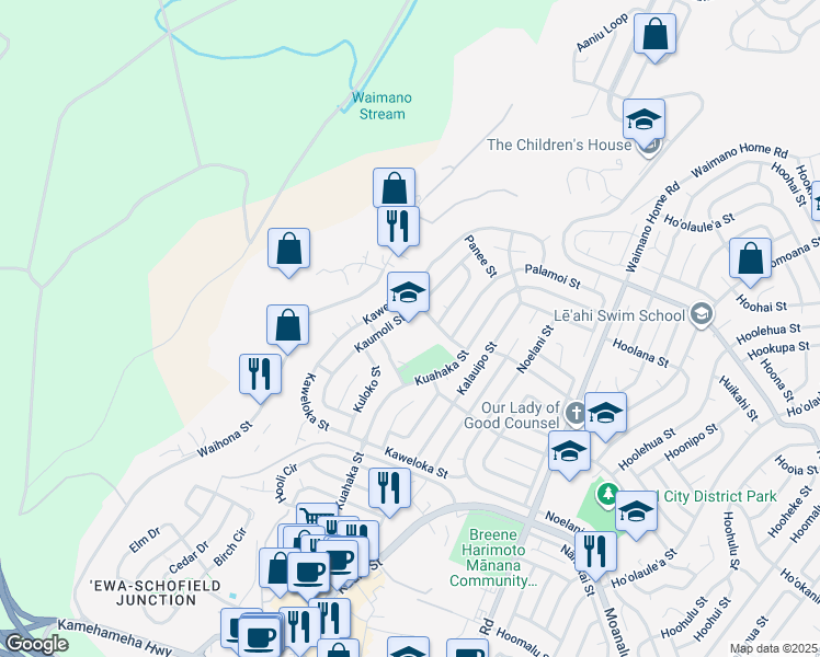 map of restaurants, bars, coffee shops, grocery stores, and more near 1147 Kumano Street in Pearl City