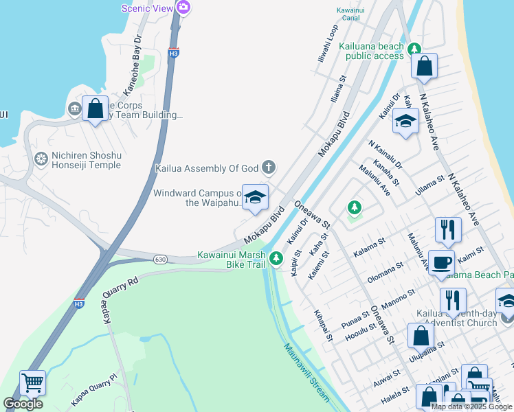 map of restaurants, bars, coffee shops, grocery stores, and more near 730 Iliaina Street in Kailua