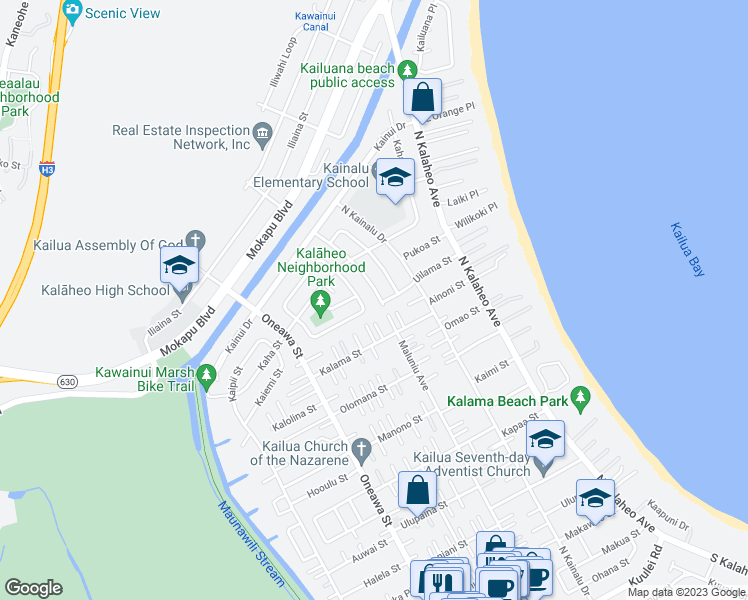 map of restaurants, bars, coffee shops, grocery stores, and more near 829 Maluniu Avenue in Kailua