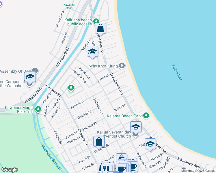 map of restaurants, bars, coffee shops, grocery stores, and more near 160 Ainoni Street in Kailua