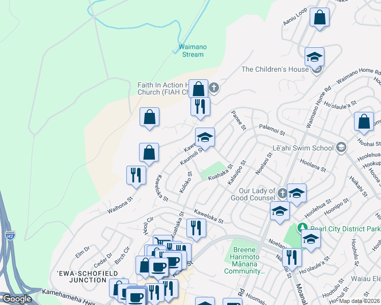 map of restaurants, bars, coffee shops, grocery stores, and more near 1414 Kaweloka Street in Pearl City