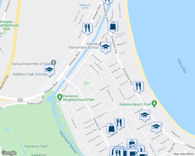 map of restaurants, bars, coffee shops, grocery stores, and more near 349 Kaimake Loop in Kailua