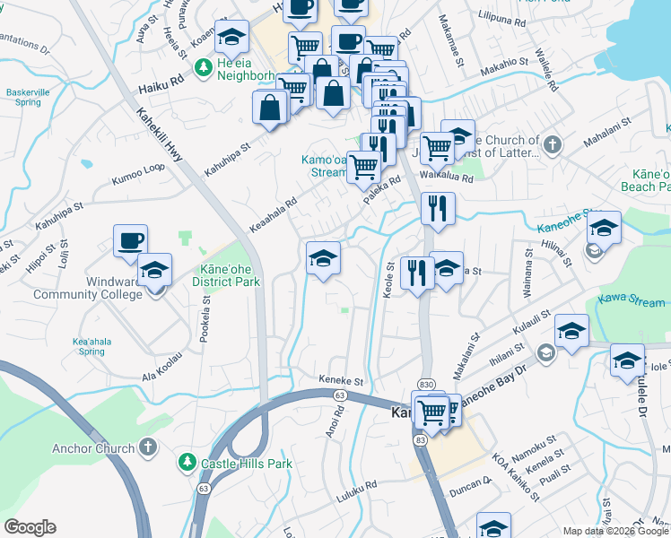 map of restaurants, bars, coffee shops, grocery stores, and more near 45-580 Kaaluna Place in Kaneohe