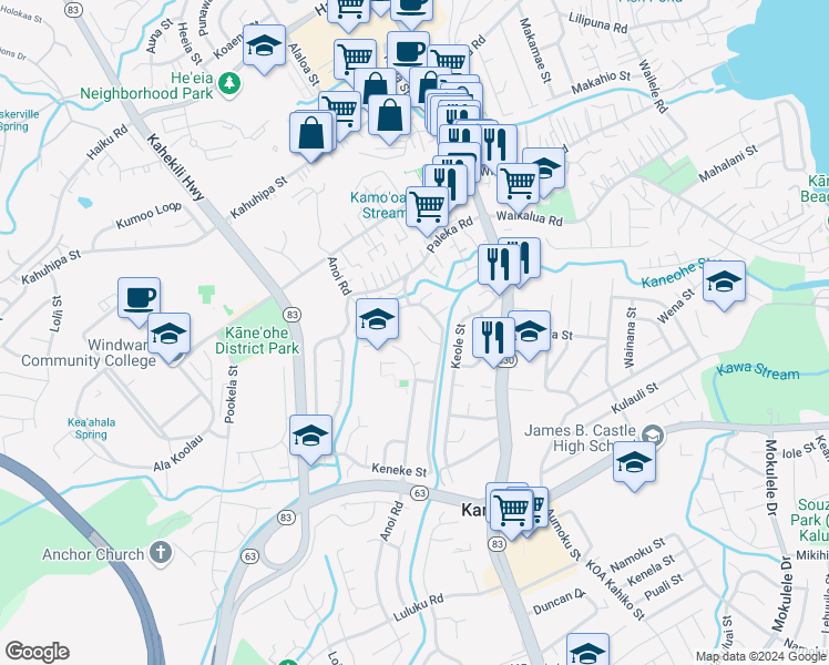 map of restaurants, bars, coffee shops, grocery stores, and more near 45-578 Kaaluna Place in Kaneohe