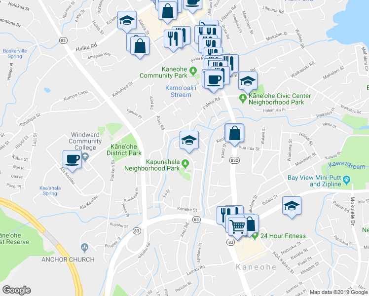 map of restaurants, bars, coffee shops, grocery stores, and more near 45-580 Kaaluna Place in Kaneohe