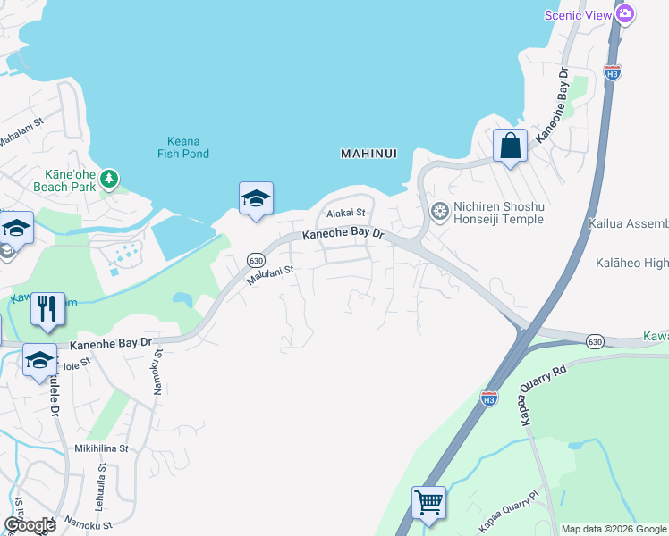 map of restaurants, bars, coffee shops, grocery stores, and more near 44-732 Malulani Street in Kaneohe