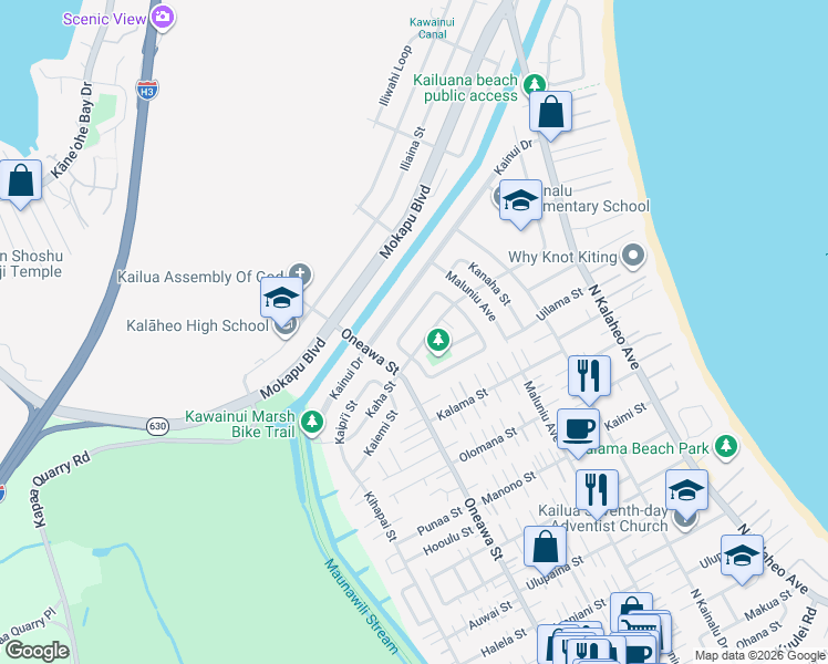 map of restaurants, bars, coffee shops, grocery stores, and more near 530 Kaimake Loop in Kailua
