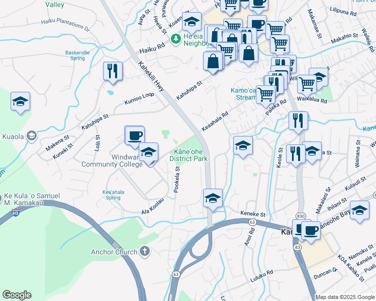 map of restaurants, bars, coffee shops, grocery stores, and more near 45-660 Keaahala Road in Kaneohe
