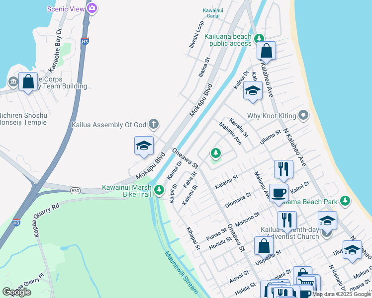 map of restaurants, bars, coffee shops, grocery stores, and more near 919 Kainui Drive in Kailua
