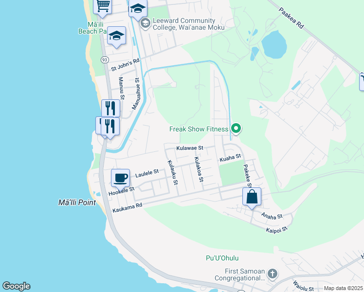 map of restaurants, bars, coffee shops, grocery stores, and more near 87-342 Kulawae Street in Waianae