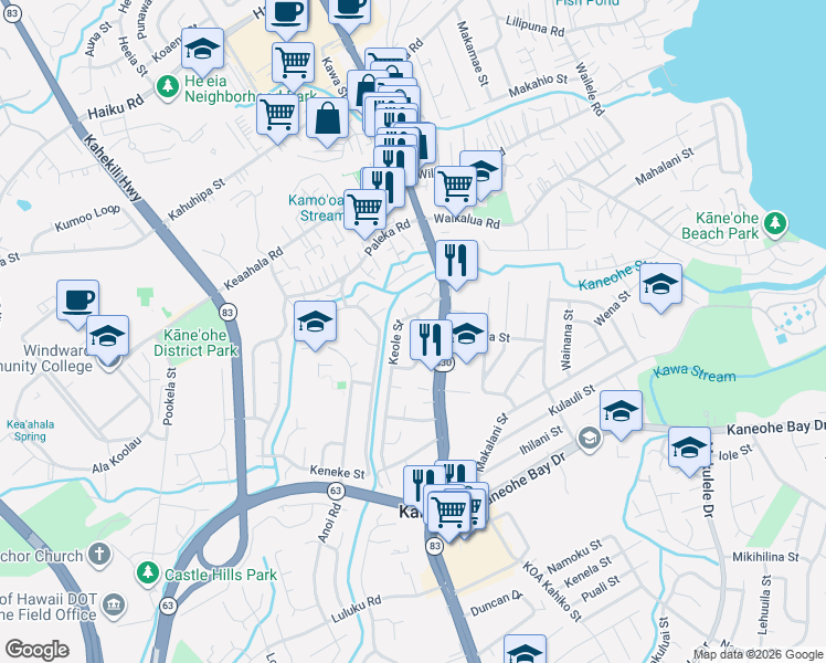 map of restaurants, bars, coffee shops, grocery stores, and more near 45-528 Kiani Street in Kaneohe