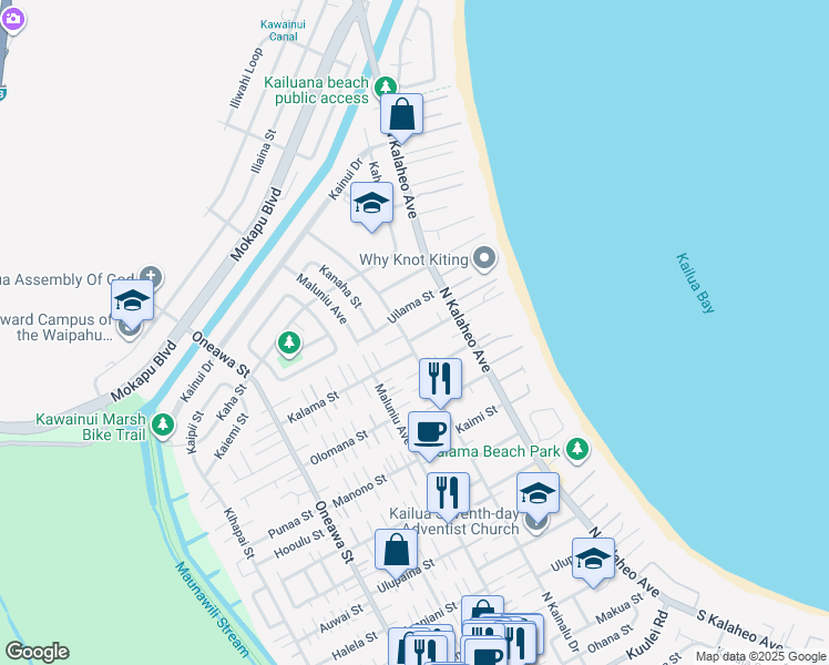 map of restaurants, bars, coffee shops, grocery stores, and more near 160 Ainoni Street in Kailua