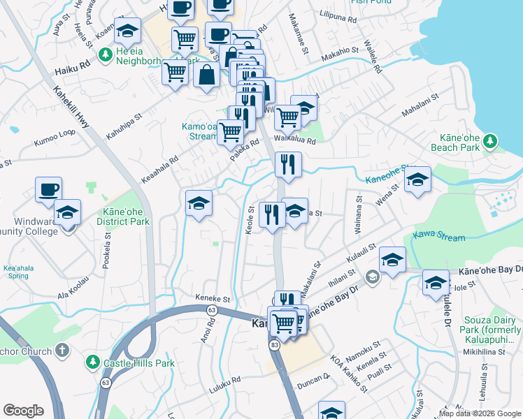 map of restaurants, bars, coffee shops, grocery stores, and more near 45-528 Kiani Street in Kaneohe