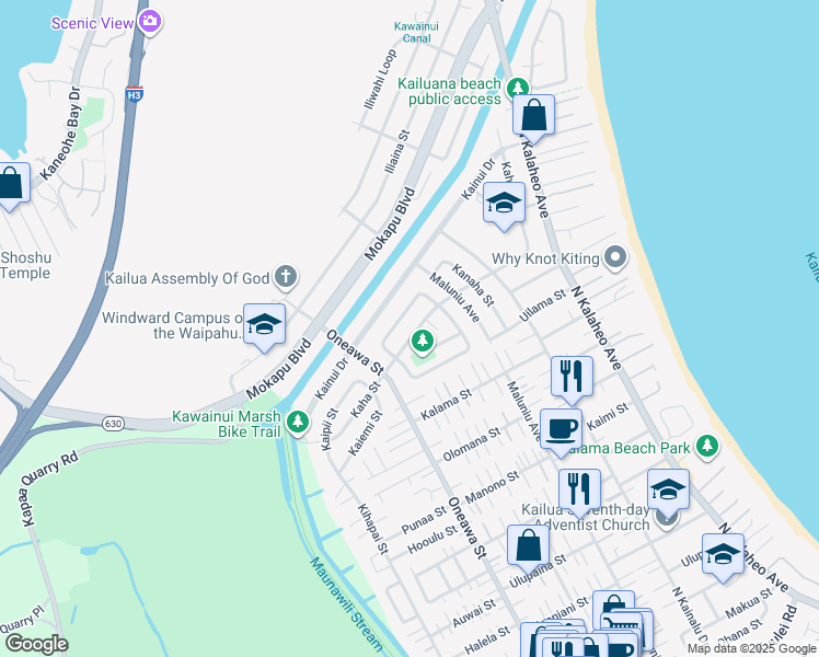 map of restaurants, bars, coffee shops, grocery stores, and more near 442 Kaha Street in Kailua