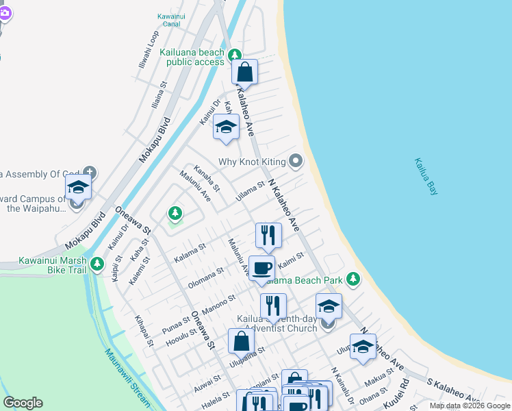 map of restaurants, bars, coffee shops, grocery stores, and more near 160 Ainoni Street in Kailua